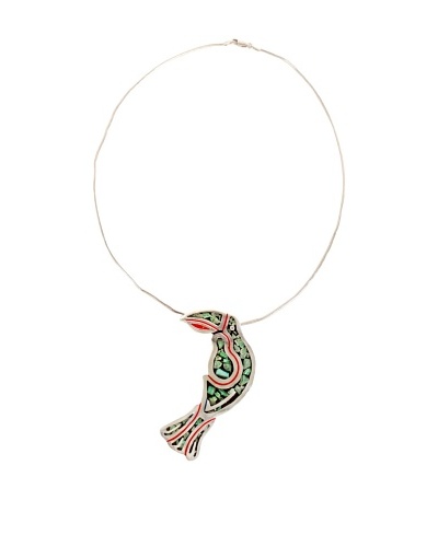 1970's Sterling Parrot Necklace, Green/Red/Silver