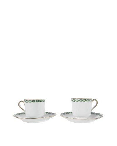 Pair of French Limoges Teacup & Saucer, White/Green/Gold