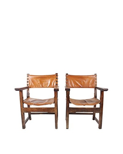 Pair of Spanish Leather Chairs, Brown
