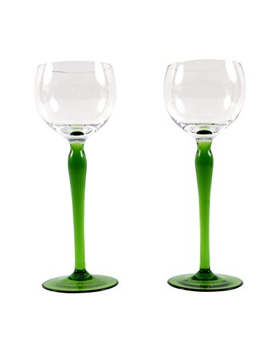 Pair of French Hand Blown Wine Glasses, Green/Clear
