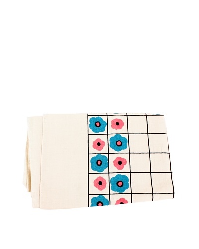 Gridded Floral Table Cloth, Flowers, Cream/Pink/Blue/Black