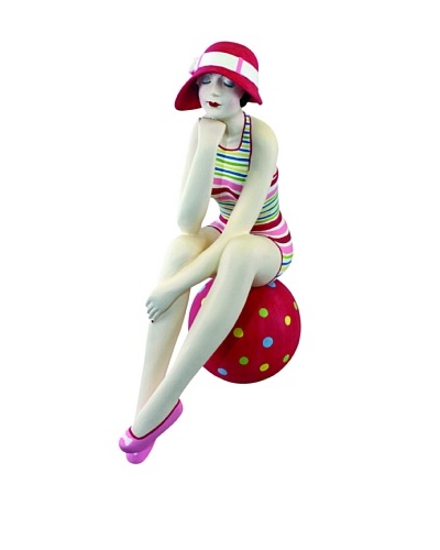 Large Resin Beach Beauty in Pink Striped Swimsuit on Polka Dot Ball and Pink Sun Hat