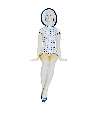 Medium Resin Shelf-Sitting Beach Beauty in Navy Polka Dot White Swimsuit with Sun Hat