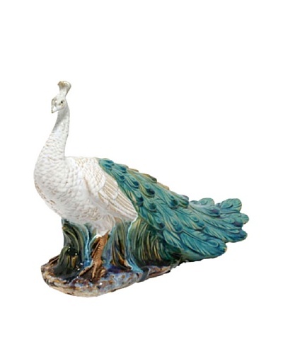 Peacock Statue, White/Blue