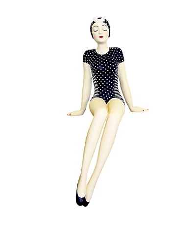 Large Resin Shelf-Sitting Beach Beauty in Navy and White Polka Dot Swimsuit