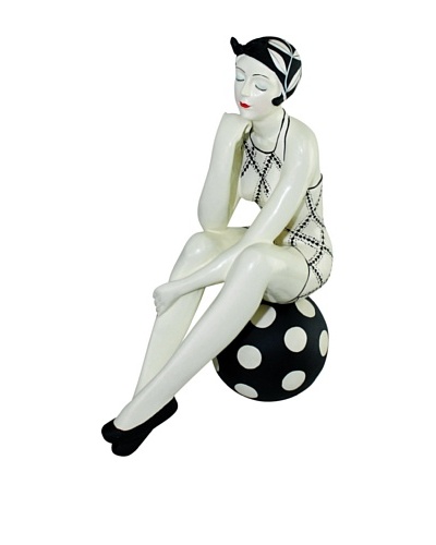 Large Resin Beach Beauty in Black and White Swimsuit on Black Polka Dot Ball