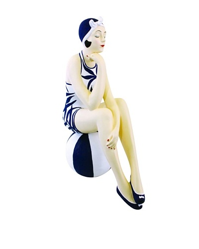 Large Resin Beach Beauty in Navy and White Swimsuit on Striped Ball