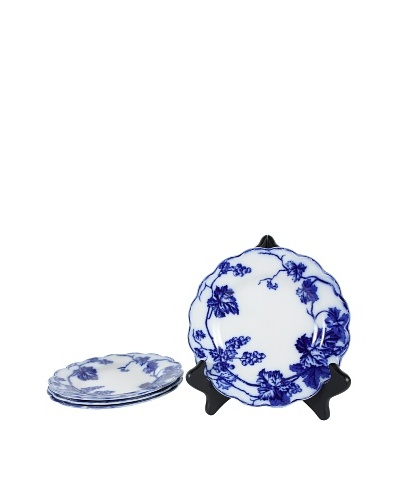 Set of 4 Flow Blue Warwick Dessert Plates, Blue/White