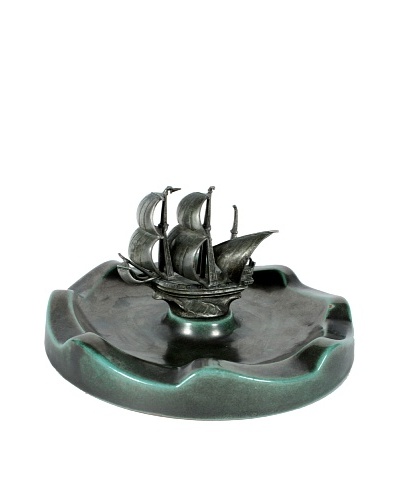 Mid-Century Pirate Ship Ashtray, Green/Silver