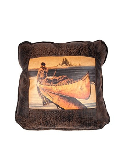 Fur Trapper in Canoe Leather Pillow, Brown