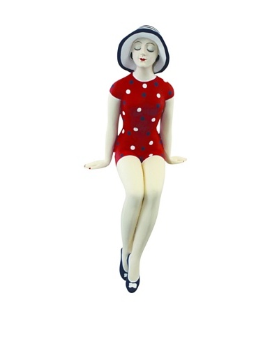 Medium Resin Shelf-Sitting Beach Beauty in Red Polka Dot Swimsuit and White Sun Hat