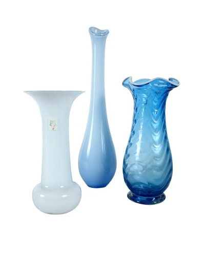 Set of 3 Mid Century Handblown Vases, Blue/White