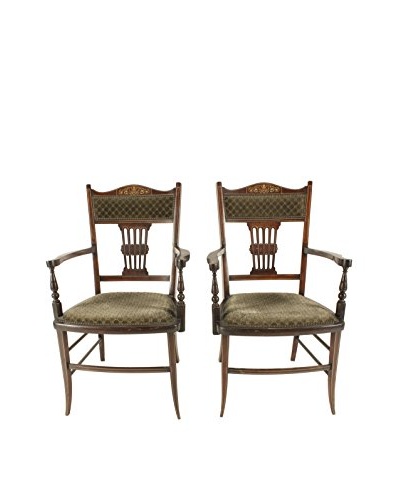 Pair of English Pierced Back Armchairs, Brown/Green/Gold