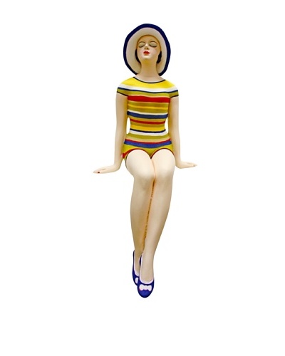 Medium Resin Shelf-Sitting Beach Beauty in Striped Swimsuit with Matching Sun Hat