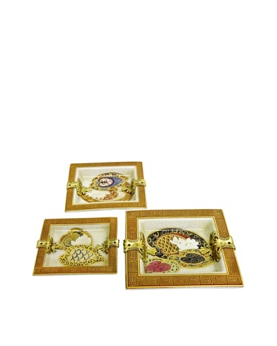 Set of 3 Lily Pad Square Ash Trays with Brass Embellishment