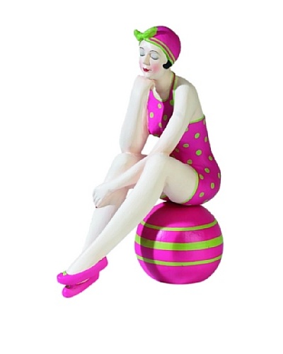 Large Resin Beach Beauty in Bright Pink Swimsuit with Green Dots on Striped Ball