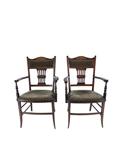 Pair of English Pierced Back Armchairs, Brown/Green/Gold