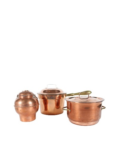 Set of 3 Copper Pots with Lids, Metallic