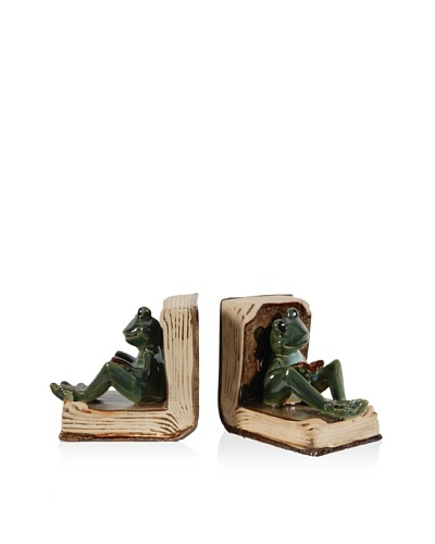 Set Of 2 Frog Bookends [Green/Tan]