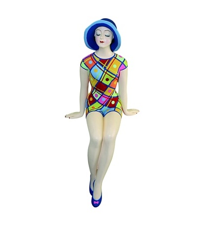 Medium Resin Shelf-Sitting Beach Beauty in Multi-Check Swimsuit and Turquoise Sun Hat