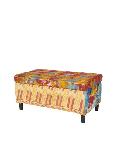 One of a Kind Kantha Storage Bench, Red/Yellow Multi