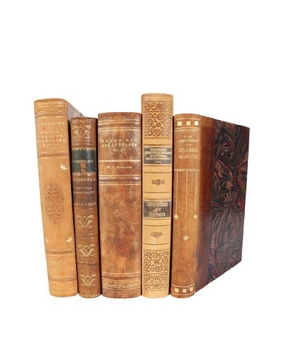 Set of 5 decorative Leather Books, Tan/Brown/Gold