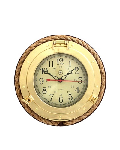 Brass Porthole Quartz Clock with Fisherman's Rope on Dark Cherry Wood