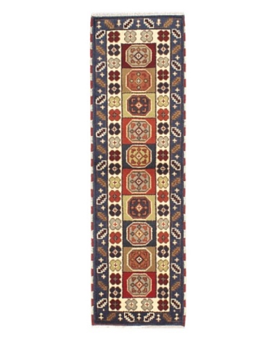 Hand-Knotted Royal Kazak Wool Rug, Cream, Navy, 2' x 6' 7 Runner