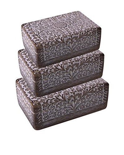 Set of 3 Floral Diamonds Wood Boxes, Natural Wood/White