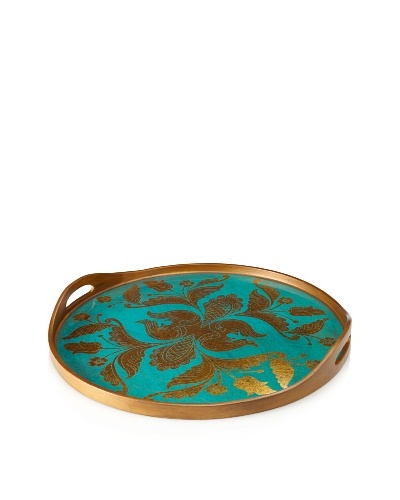 Reverse-Painted Glass Round Tray, Turquoise