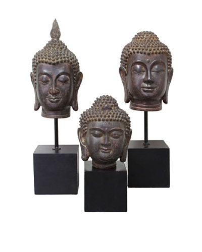 Set of 3 Buddha Head Sculptures, Brown/Black