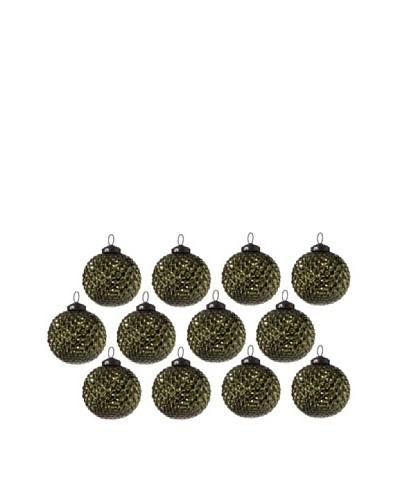 Set of 12 Diamond Design Glass Ball Ornaments, Olive Green