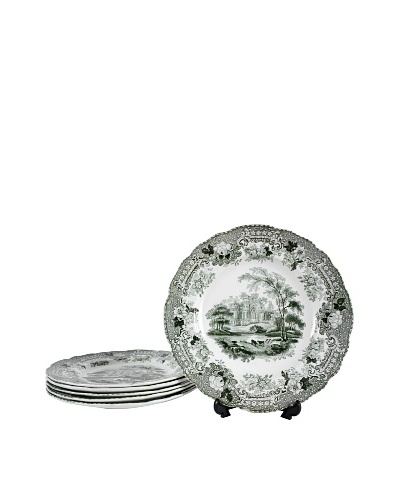 Set of 5 Verona Transferware Plates, Green/Cream