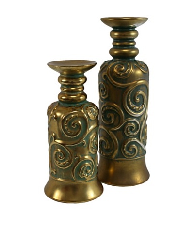 Set of 2 Molina Pillar Holders, Gold/Green