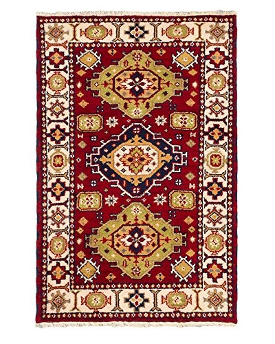 Hand-Knotted Royal Kazak Wool Rug, Red, 3′ 2″ x 4′ 10″