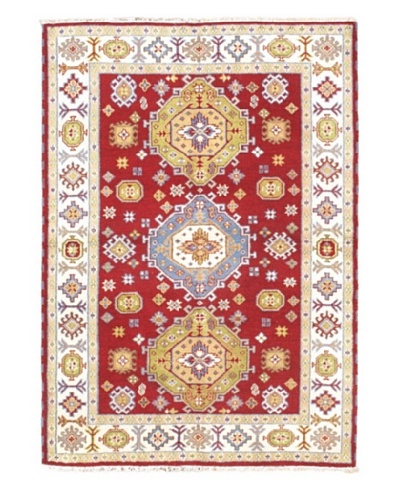 Hand-Knotted Royal Kazak Wool Rug, Cream/Red, 5′ 7″ x 7′ 11″