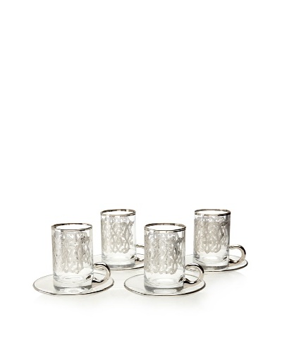 A Casa K Set of 4 Enigma Décor Crystal 6-Oz. Tea Cup & Saucer Set, Clear/Platinum