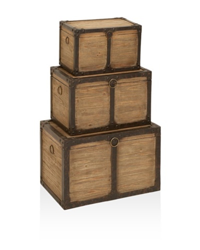 UMA Set of 3 Wood/Metal Trunks, Natural