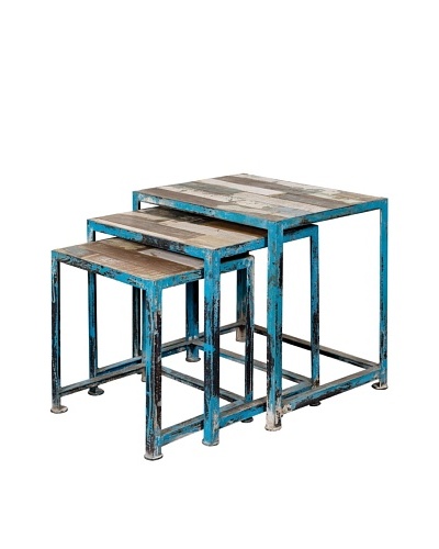 Coast to Coast Set of 3 Reclaimed Wood & Iron Nesting Tables, Natural/Blue