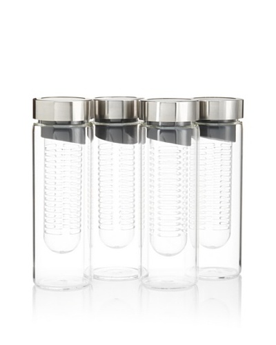 AdNArt Set of 4 Flavour-It Fruit Infuser Glass Water Bottles, Smoke/Silver, 20-Oz.