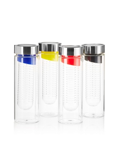 AdNArt Set of 4 Flavour-It Fruit Infuser Glass Water Bottles, Silver, 20-Oz.