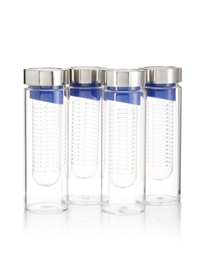 AdNArt Set of 4 Flavour-It Fruit Infuser Glass Water Bottles, Blue/Silver, 20-Oz.