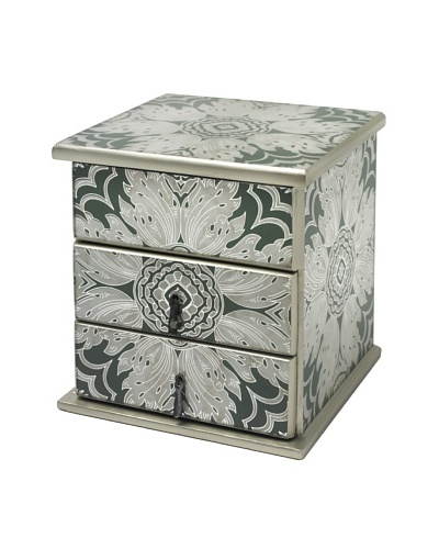 Arcadia Home Green Reverse-Painted Mirror Jewelry Box with 2 Drawers & Lift-Up Lid
