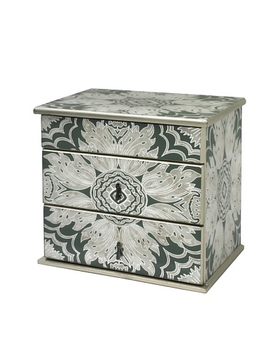 Arcadia Home Green Reverse-Painted Mirror Jewelry Box with 2 Drawers & Lift-Up Lid