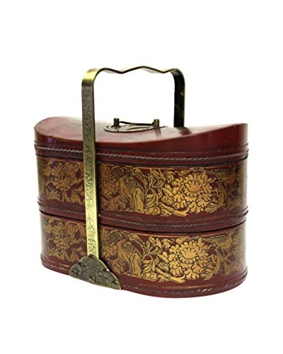 Asian Loft Leather and Brass Stacking Basket with Handle, Red/Gold