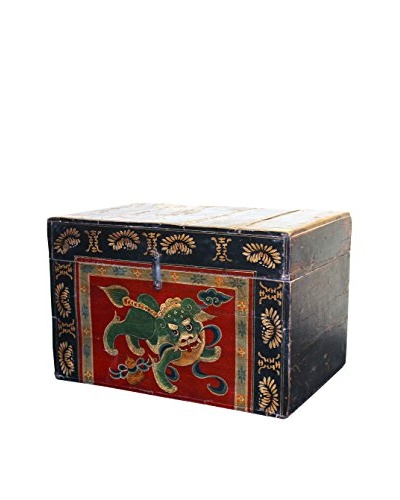 Asian Loft Shandong Dynasty Early 20th Century Foo Dog Box, Red/Green/Black