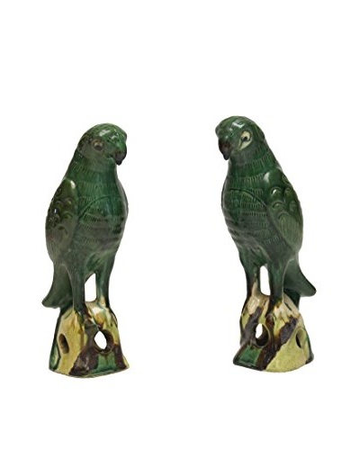 Asian Loft Set of 2 Ceramic Parrots, Green Multi