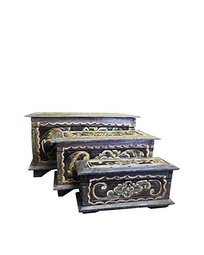 Asian Loft Set of 3 Carved and Painted Nesting Boxes