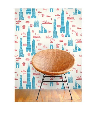 Astek Wall Coverings Set of 2 Manhattan Wall Tiles by Jim Flora, Red Blue