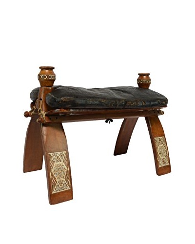 Handmade Leather And Wood Stool With Mother Of Pearl Inlay, Chestnut Brown With Black